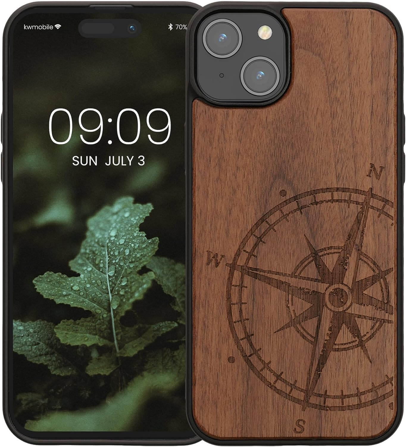 KW iPhone 15 Plus Θήκη από Φυσικό Ξύλο - Design Vintage Compass - Dark Brown - 62012.01