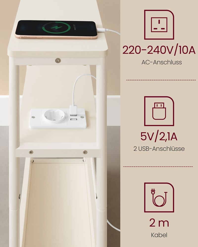 Vasagle Στενό Βοηθητικό Τραπεζάκι με Ενσωματωμένο Πολύπριζο με 1 Θύρα AC και 2 Θύρες USB - Cream White - LET335W02