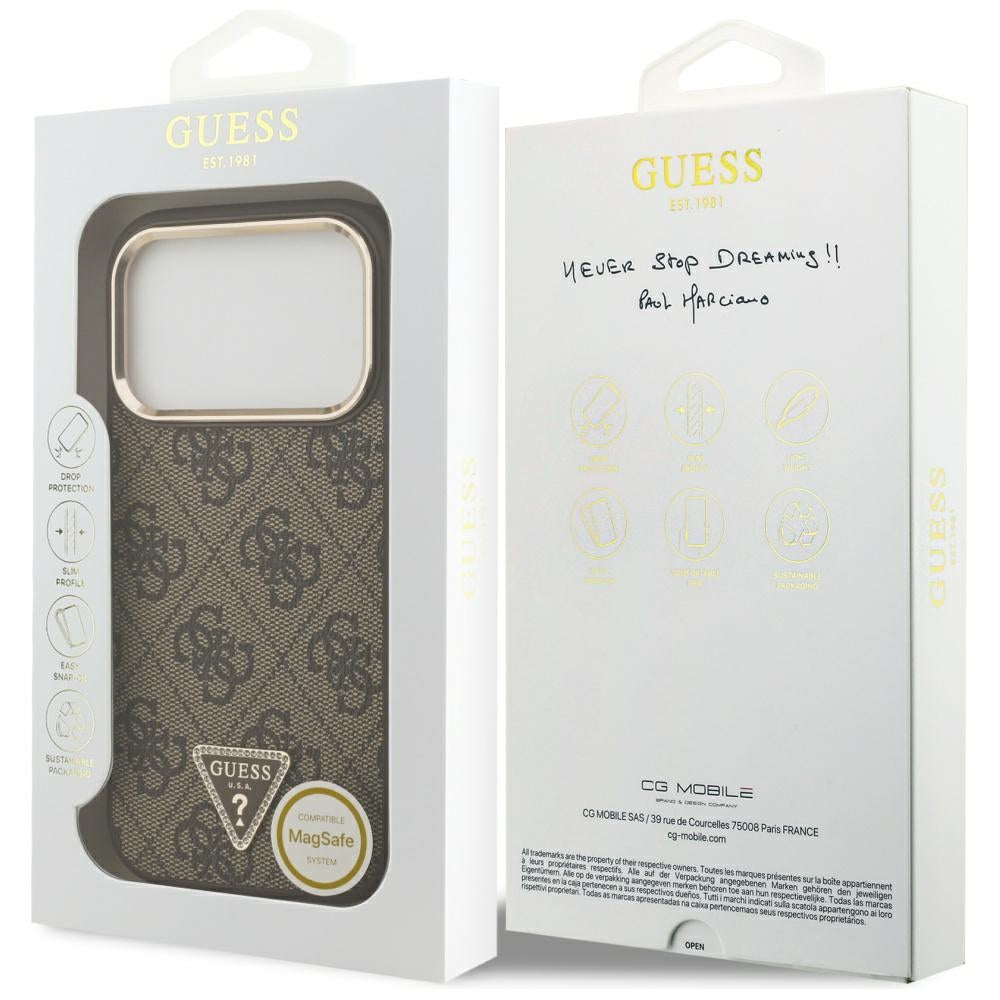 Guess iPhone 17 Pro - 4G Triangle Strass Logo MagSafe - Σκληρή Θήκη με Επένδυση Συνθετικού Δέρματος - Brown / Gold - GUHMP17LP4GTDGMW