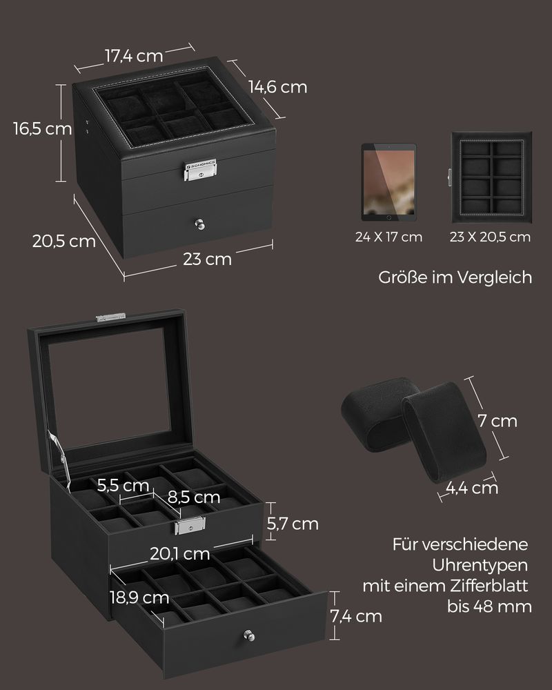 Songmics Κουτί Αποθήκευσης 2 Επιπέδων για 16 Ρολόγια - Black - JWB016B01