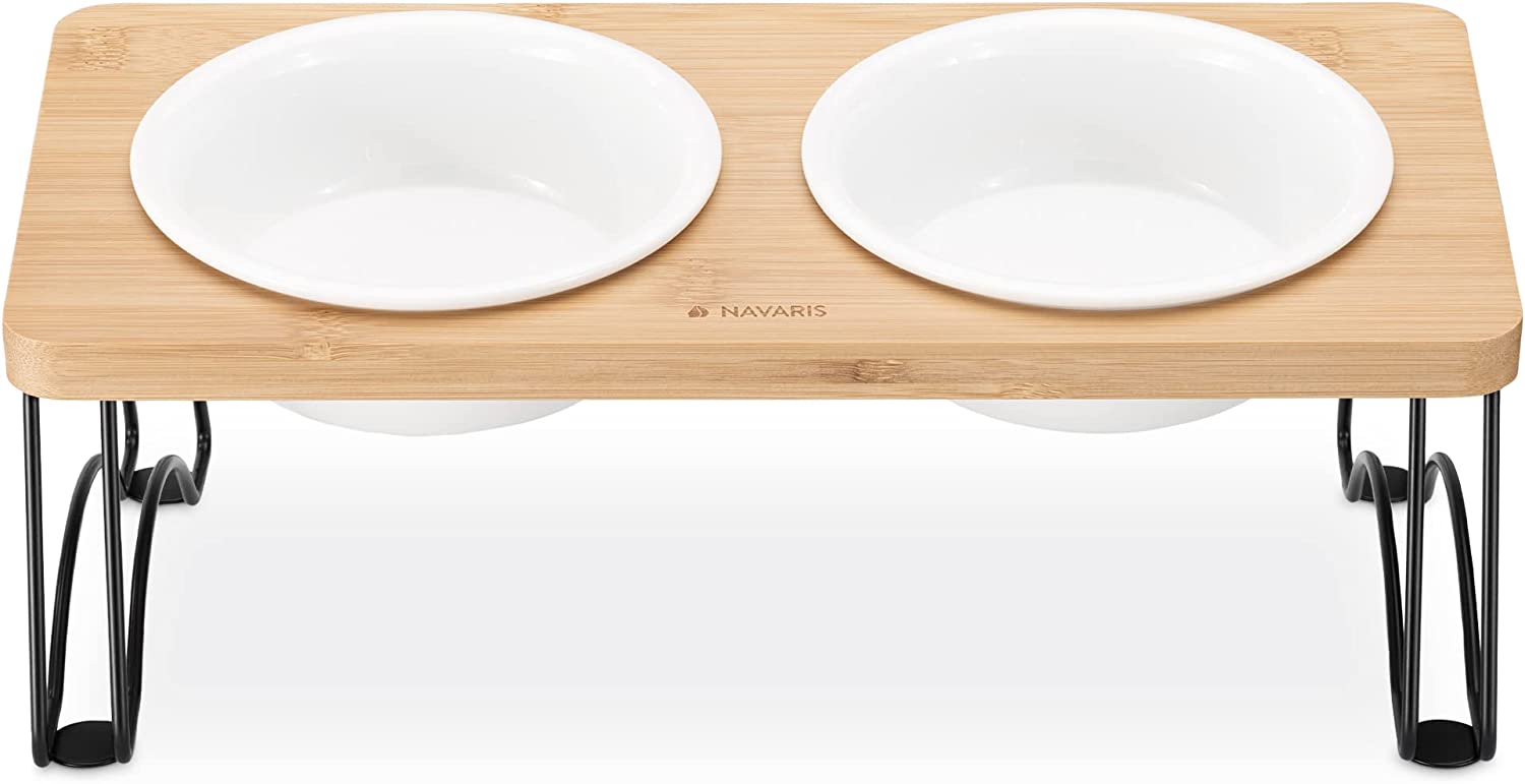 Navaris Σετ με 2 Μπολ Φαγητού και Νερού με Βάση από Μπαμπού και Μέταλλο για Κατοικίδια - Beige - 57206.2