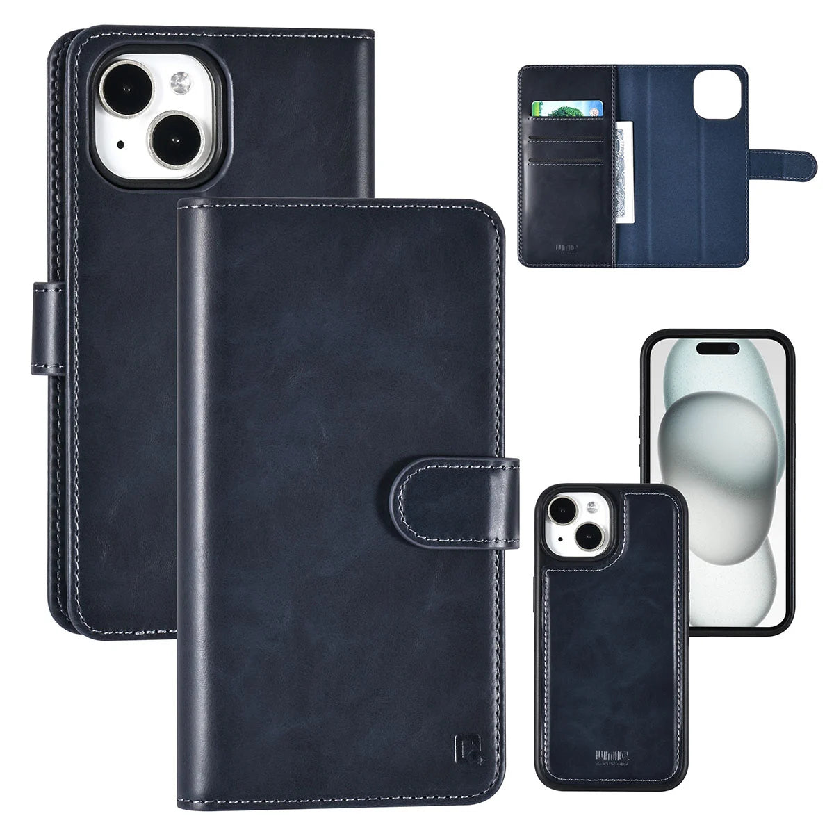 Tuniq iPhone 15 - 2 σε 1 - Θήκη Πορτοφόλι από Δερματίνη με Αποσπώμενη Θήκη - Μπλε