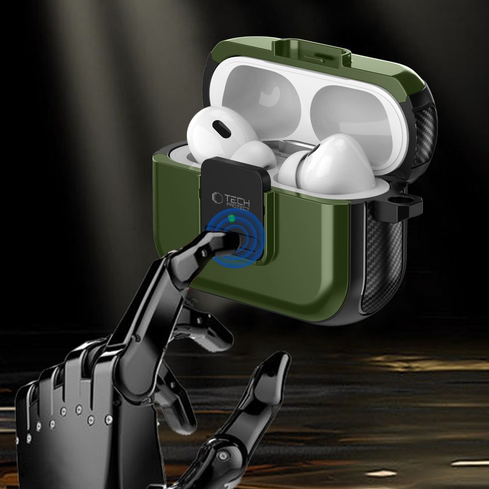 Tech-Protect AirPods Pro 1 / 2 Θήκη από Σκληρό Πλαστικό και Σιλικόνη με MagSafe - Defender Hook - Olive Green