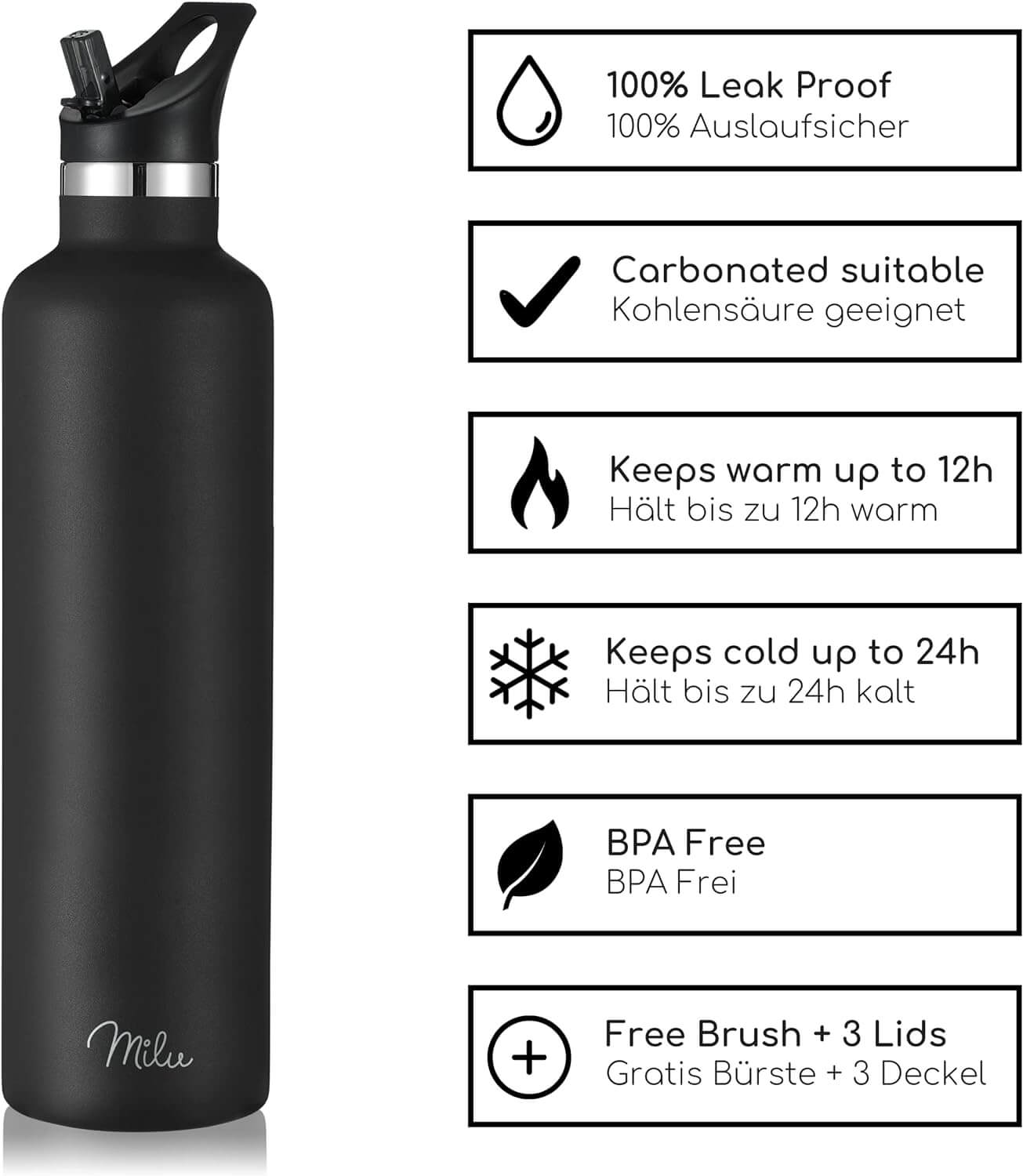 Milu T6 Μπουκάλι Θερμός από Ανοξείδωτο Ατσάλι 3 σε 1 - 1000ml - Black Matt - 5011