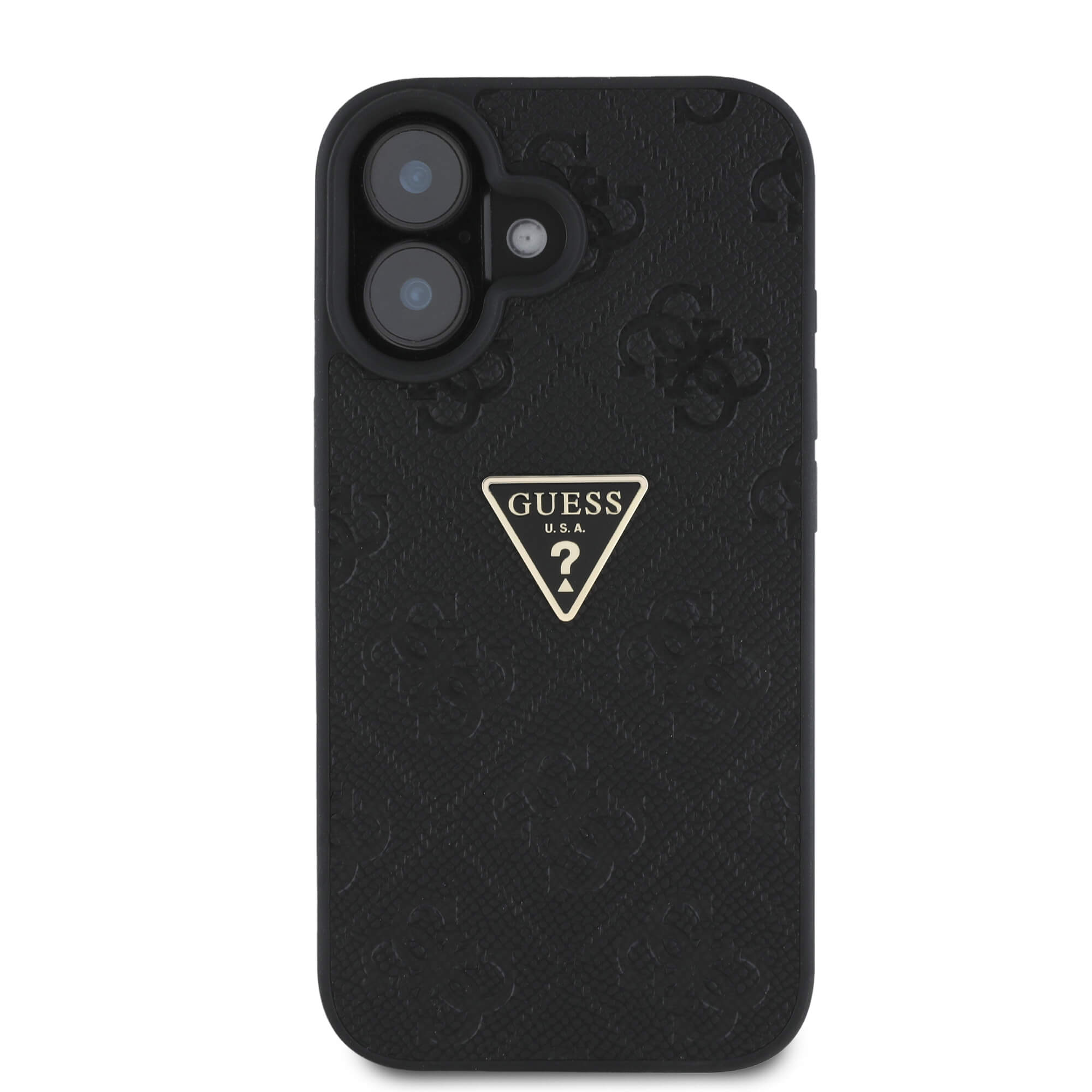 Guess iPhone 16 - Hot Stamp 4G Pattern Triangle Metal Logo - Θήκη με Επένδυση Συνθετικού Δέρματος και Πλαίσιο Σιλικόνης - Black - GUHCP16SPGP4STRK
