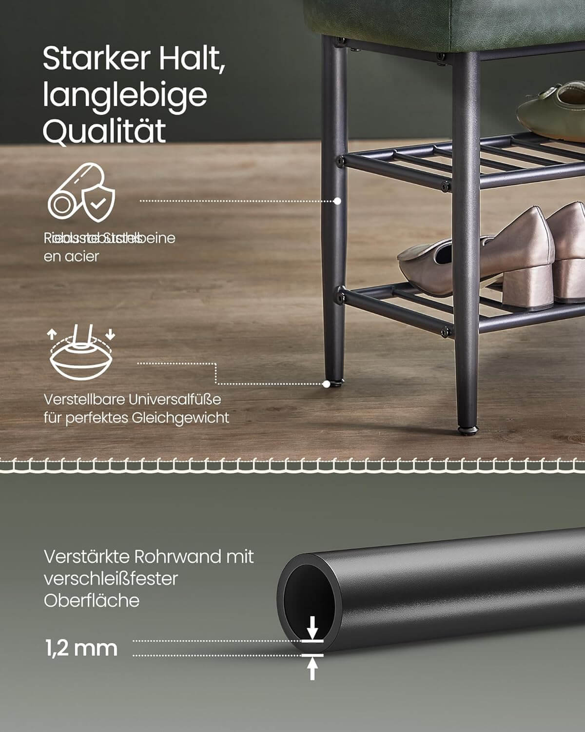 Vasagle EKHO Πάγκος / Σκαμπό με Κάθισμα από Συνθετικό δέρμα και 2 Ράφια - 30 x 80 x 50 cm - Forest Green - LSB054C01