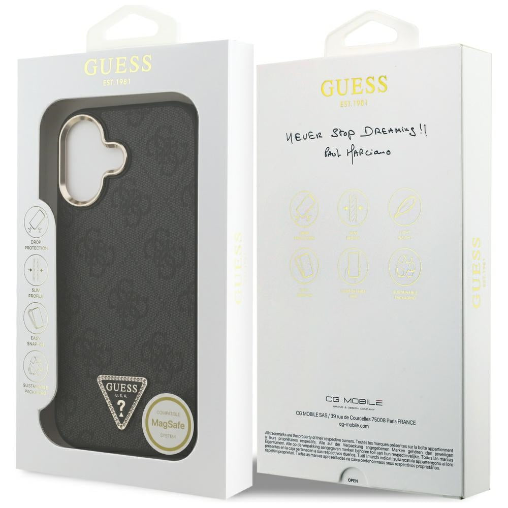 Guess iPhone 17 - 4G Triangle Strass Logo MagSafe - Σκληρή Θήκη με Επένδυση Συνθετικού Δέρματος - Black / Gold - GUHMP17SP4GTDGMK