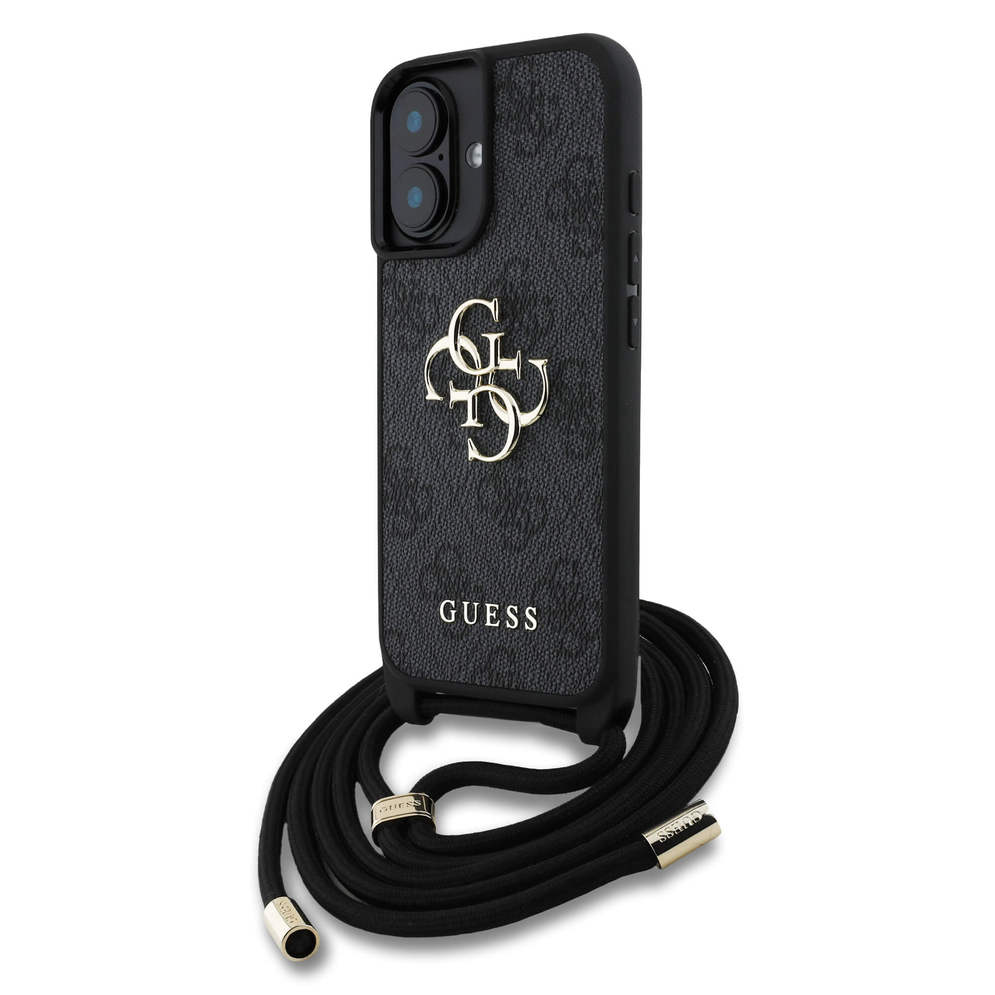 Guess iPhone 16 - 4G Big Logo Cord Stap Crossbody - Θήκη με Επένδυση Συνθετικού Δέρματος και Λουράκι - Black - GUHCP16SP4GMGCRK