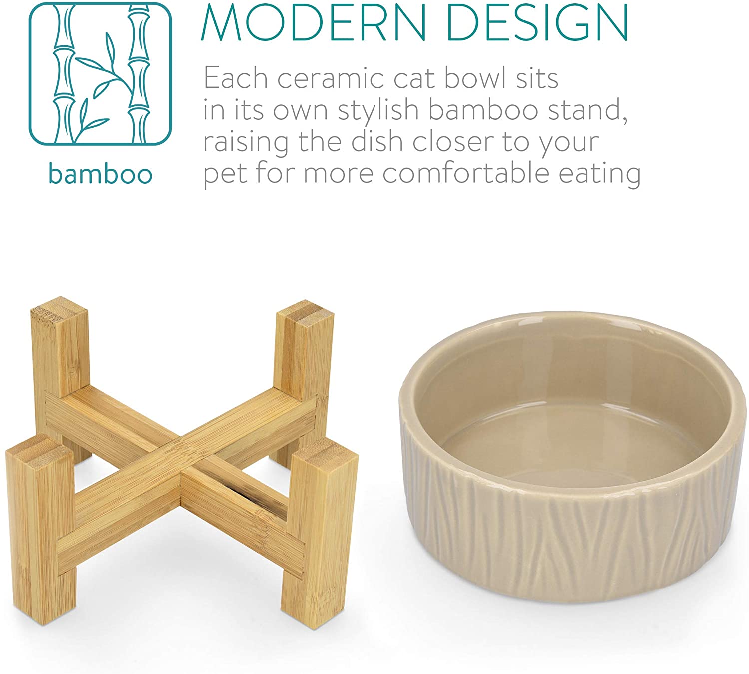 Navaris Cat Bowls with Wood Stands - Σετ με 2 Μπολ Φαγητού και Νερού με Βάση από Μπαμπού για Κατοικίδια - Beige - 52177.43.1