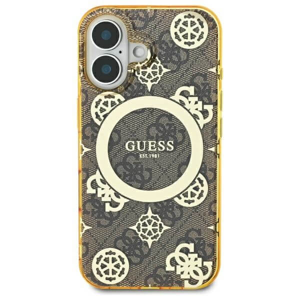 Guess iPhone 16 - IML Peony On 4G Background MagSafe - Θήκη με Επένδυση Συνθετικού Δέρματος - Brown - GUHMP16SH4PYEEW