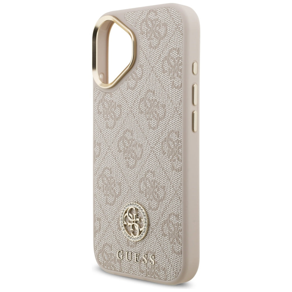 Guess iPhone 17 - 4G Strass Logo and Big Strap Metal Buttons MagSafe - Θήκη με Επένδυση Συνθετικού Δέρματος και Λουράκι - Pink - GUHMP17SP4G4DCSP