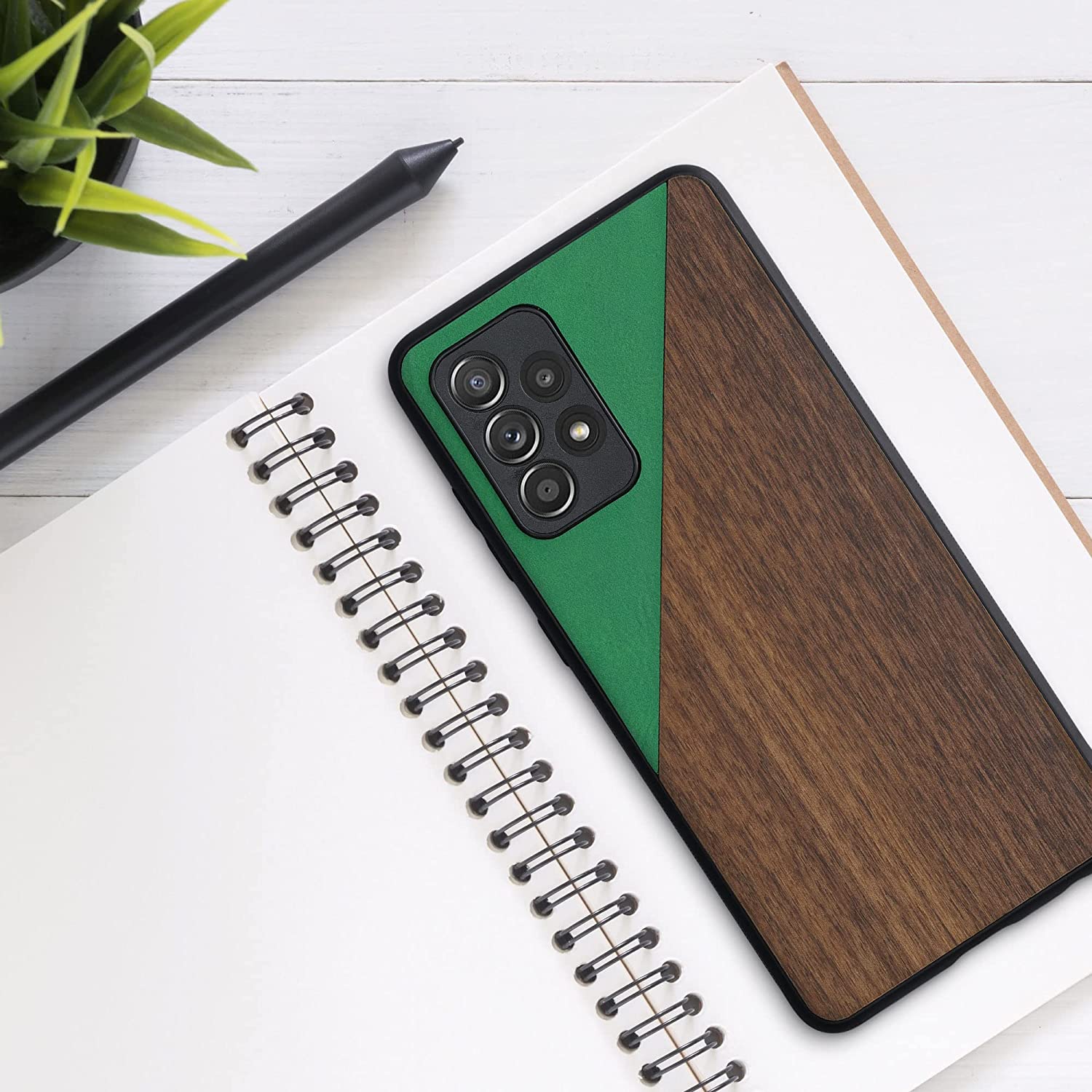 KW Samsung Galaxy A52 / A52 5G / A52s 5G Θήκη από Φυσικό Ξύλο και Συνθετικό Δέρμα - Dark Green / Brown - 54954.03