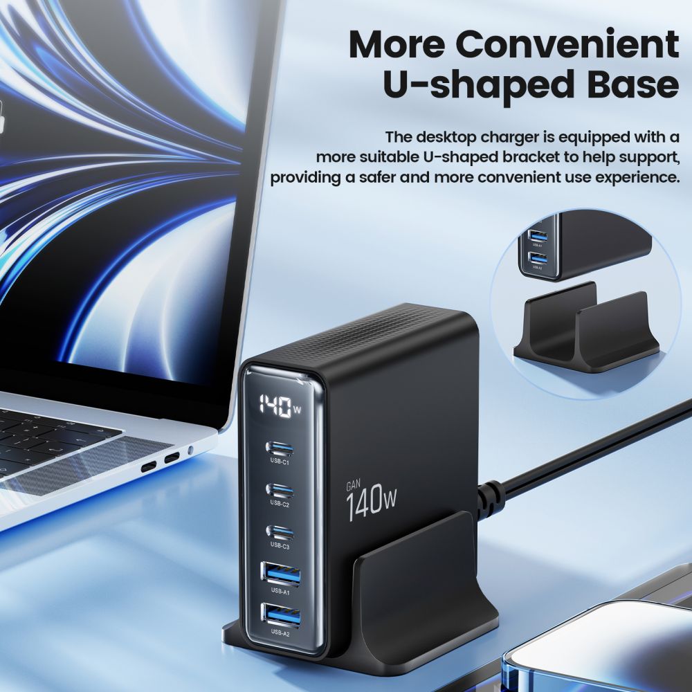 Tech - Protect DC140W - GAN Σταθμός Φόρτισης με 2 Θύρες USB και 3 Θύρες Type - C - PD140W/QC3.0 - Black