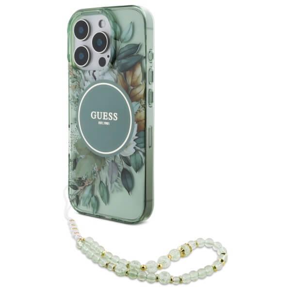 Guess iPhone 16 Pro Max - IML Flowers With Pearl Strap MagSafe - Σκληρή Θήκη με Πλαίσιο Σιλικόνης και Λουράκι - Green - GUHMP16XHFWBRCESN
