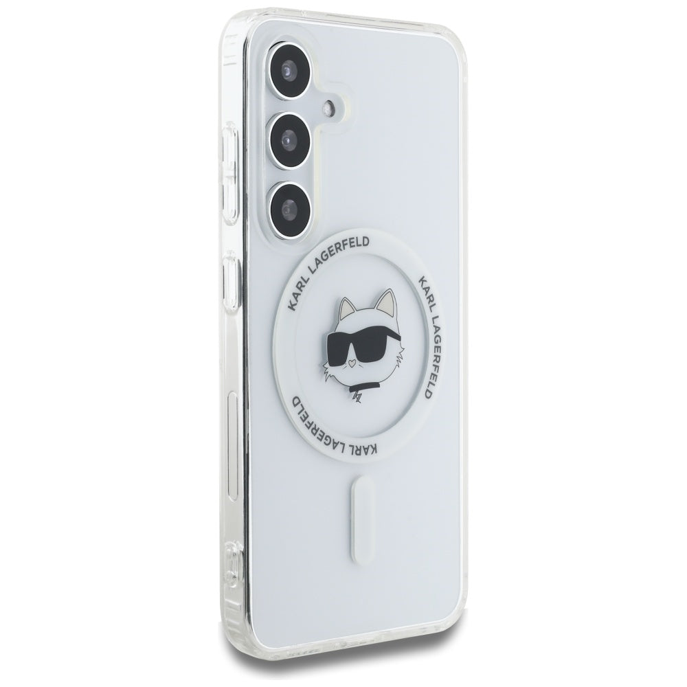 Karl Lagerfeld Samsung Galaxy S25 - Button Choupette Head Printed Logo - MagSafe Σκληρή Θήκη με Πλαίσιο Σιλικόνης - White - KLHMS25SHLSCHH