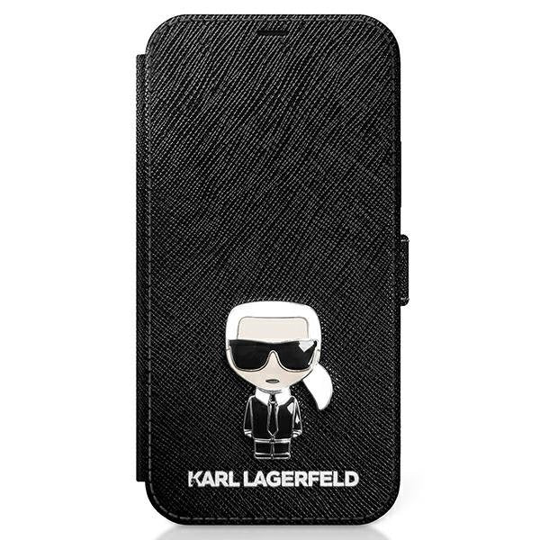 Karl Lagerfeld iPhone 12 Pro Max - Saffiano Ikonik Metal Θήκη Βιβλίο από Συνθετικό Δέρμα - Black - KLFLBKP12LIKMSBK - likebrands.gr