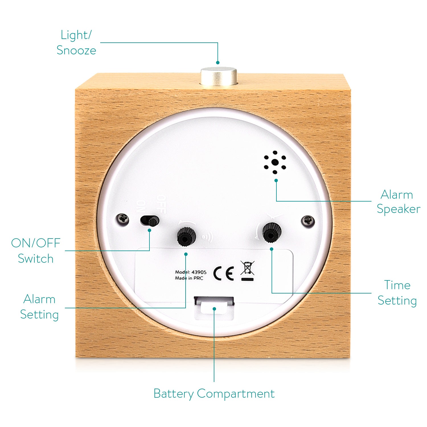 Navaris Analogue Wood Alarm Clock Design Square - Αναλογικό Επιτραπέζιο Ρολόι και Ξυπνητήρι - Gold / Light Brown - 46229.24
