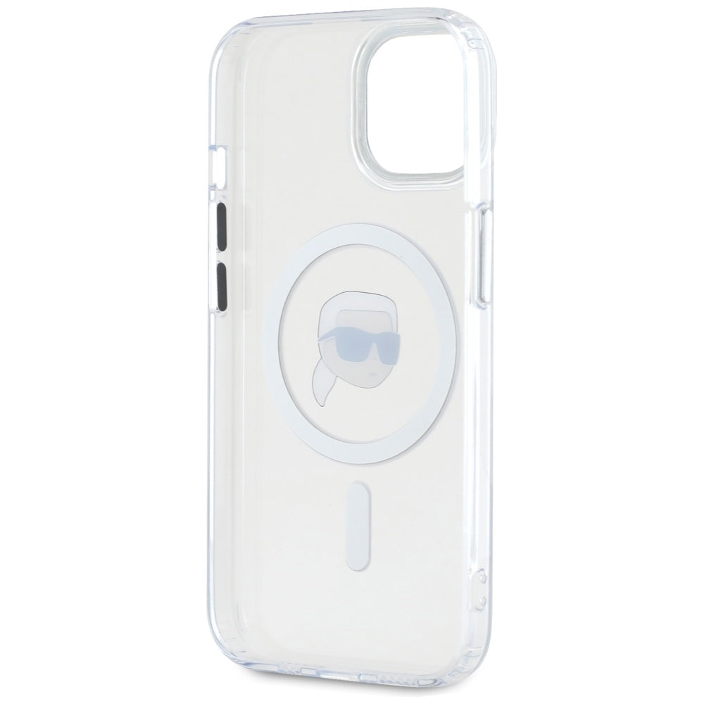 Karl Lagerfeld iPhone 15 Plus - IML Metal Karl Head - MagSafe Σκληρή Θήκη με Πλαίσιο Σιλικόνης - White - KLHMP15MHLSKIH