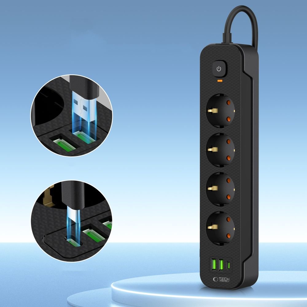 Tech - Protect PCL4X3 Πολύπριζο με 4 Πρίζες, 2 Θύρες USB και 1 Θύρα Type - C - Black