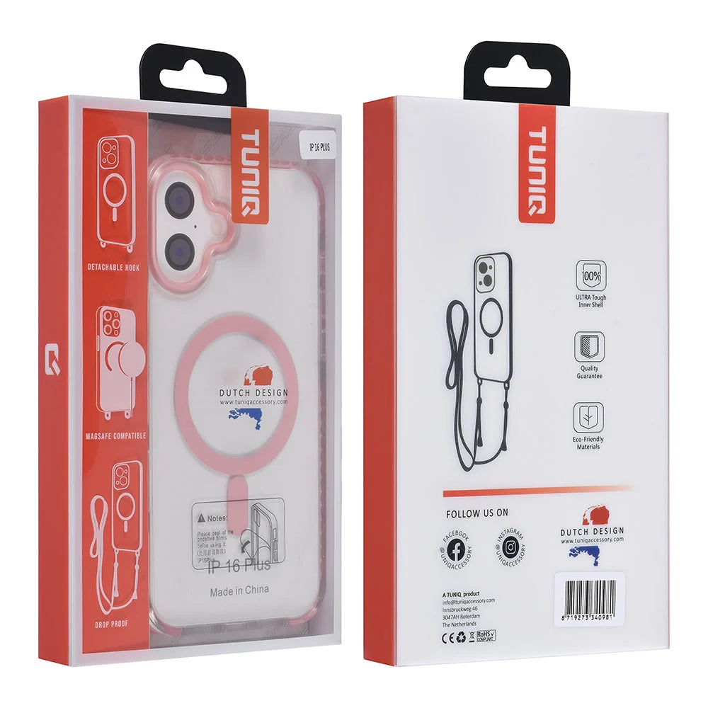 Tuniq iPhone 16 Plus - MagSafe Σκληρή Θήκη με Πλαίσιο Σιλικόνης και Λουράκι - Διάφανη / Pink