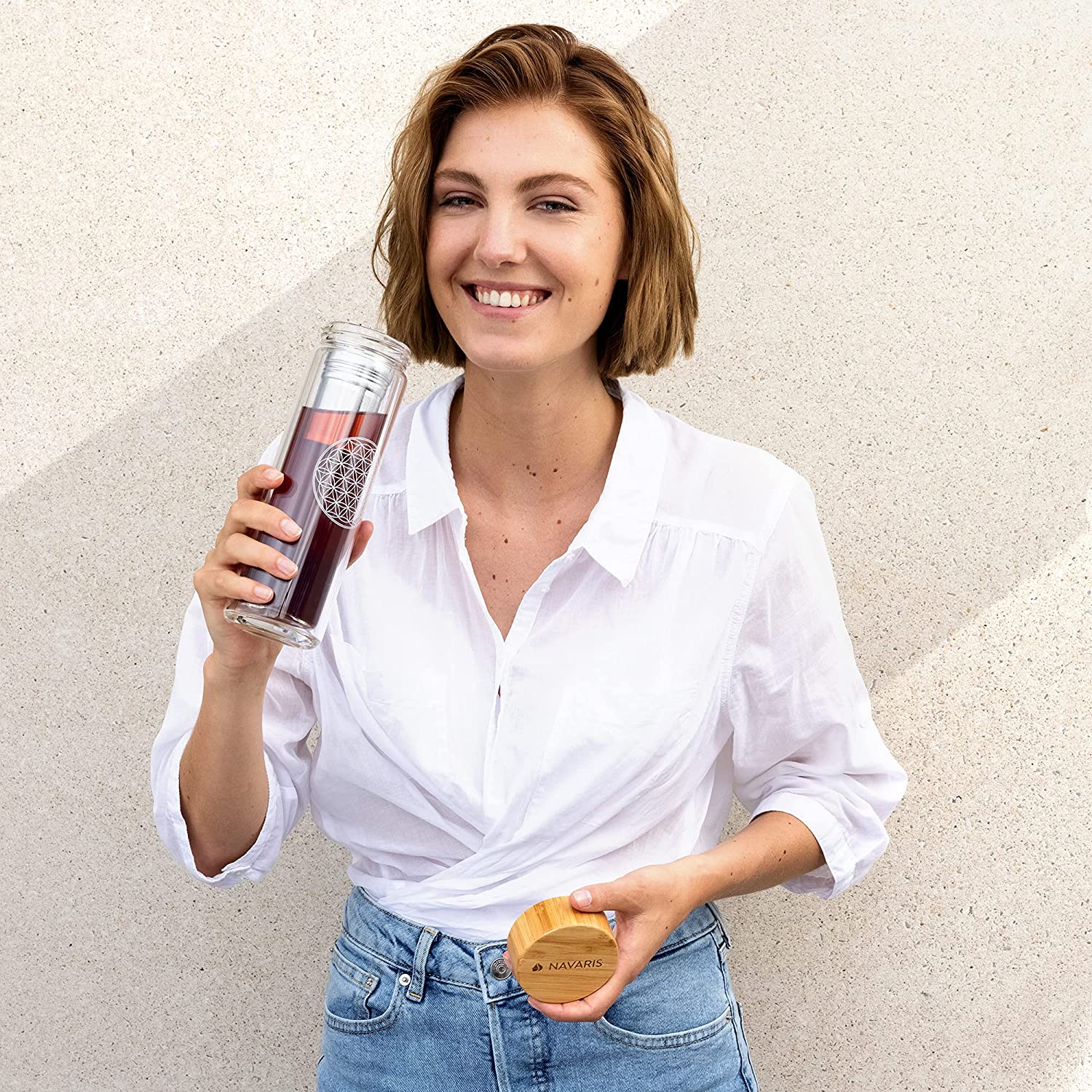 Navaris Γυάλινο Μπουκάλι Τσαγιού με Θήκη μεταφοράς - 450ml - Design Flower of Life - Clear - 45888.1.07