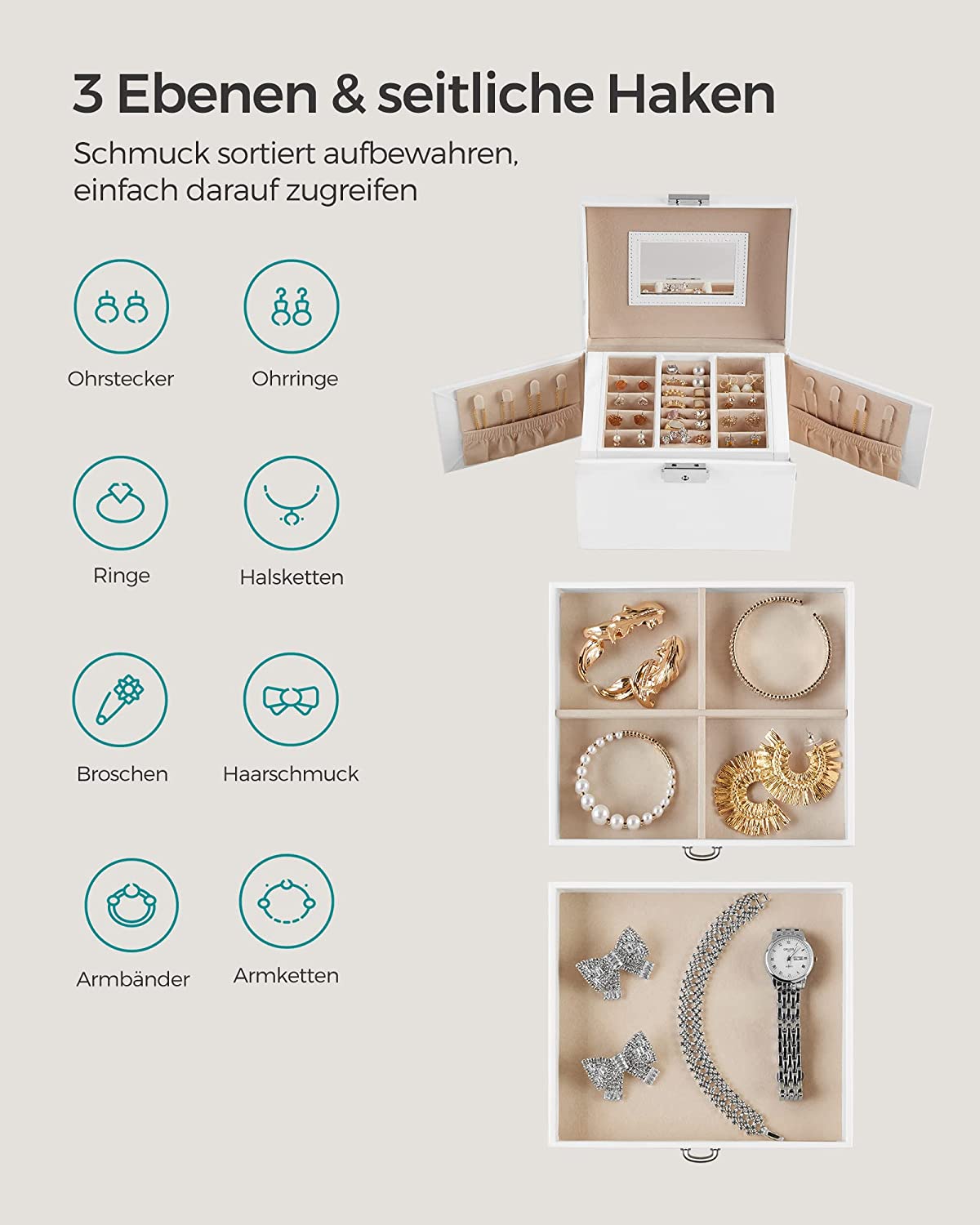 Songmics Φορητό Κουτί Αποθήκευσης Κοσμημάτων με Καθρέπτη και Κλειδαριά - White - JBC154W01