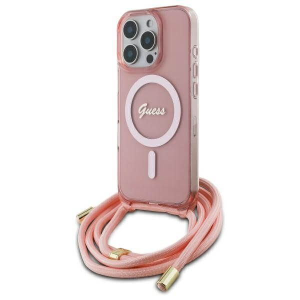 Guess iPhone 16 Pro Max - Crossbody Cord Script MagSafe - Σκληρή Θήκη με Πλαίσιο Σιλικόνης και Λουράκι - Pink - GUHMP16XHCTSGNSP