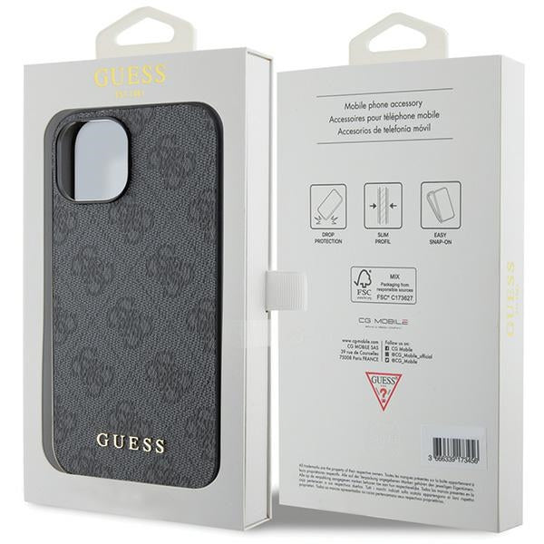 Guess iPhone 15 - 4G Metal Gold Logo Σκληρή Θήκη με Επένδυση Συνθετικού Δέρματος - Grey - GUHCP15SG4GFGR