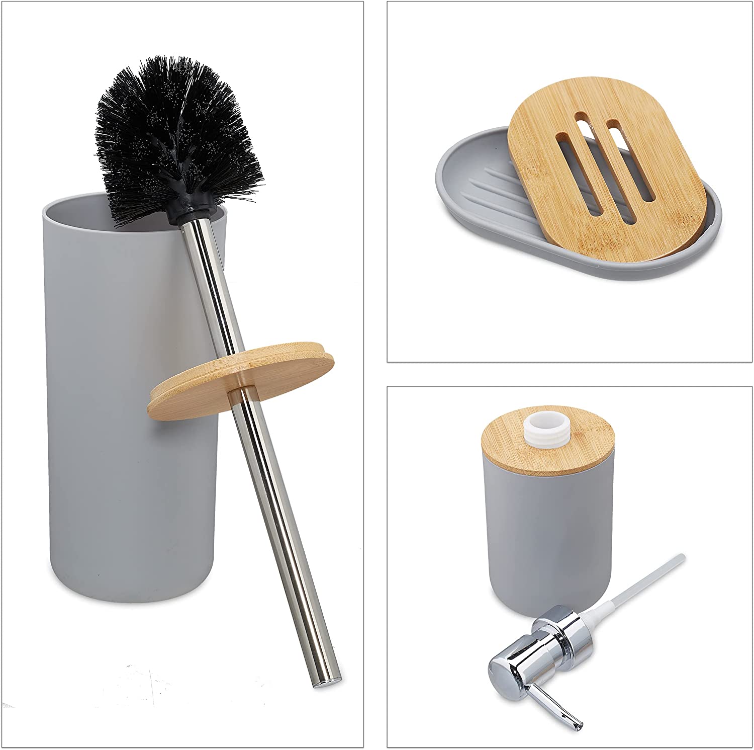 Relaxdays Αξεσουάρ Μπάνιου Σετ 6 Τεμαχίων από Πλαστικό και Μπαμπού - Grey / Light Brown - 4052025886493