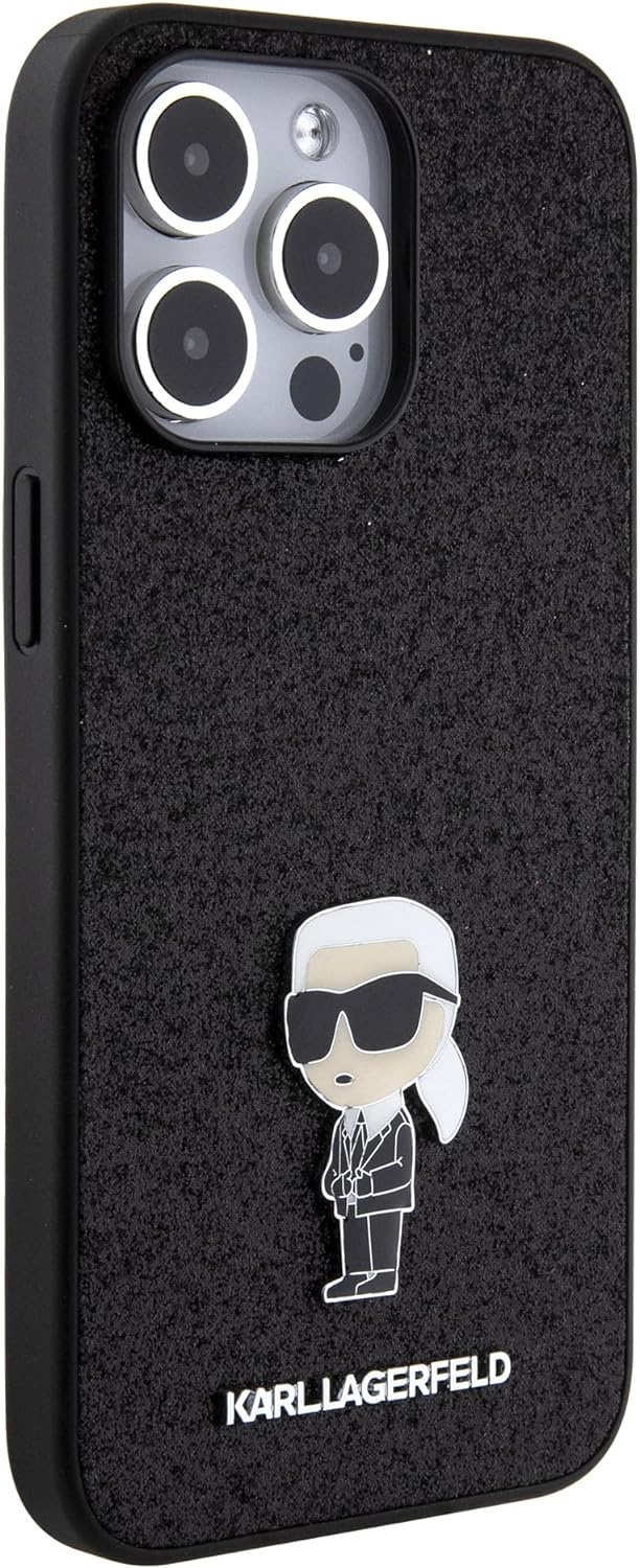Karl Lagerfeld iPhone 15 Pro Max - Glitter Ikonik Logo Metal Logo Σκληρή Θήκη με Πλαίσιο Σιλικόνης - Black - KLHCP15XGKNPSK