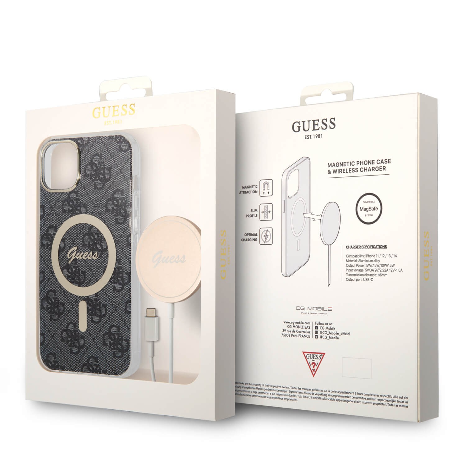 Guess iPhone 15 Plus / 14 Plus - Bundle Pack - Σετ Σκληρή Θήκη με Πλαίσιο Σιλικόνης και Ασύρματος Φορτιστής MagSafe - Design 4G Print MagSafe - Black - GUBPP14MH4EACSK
