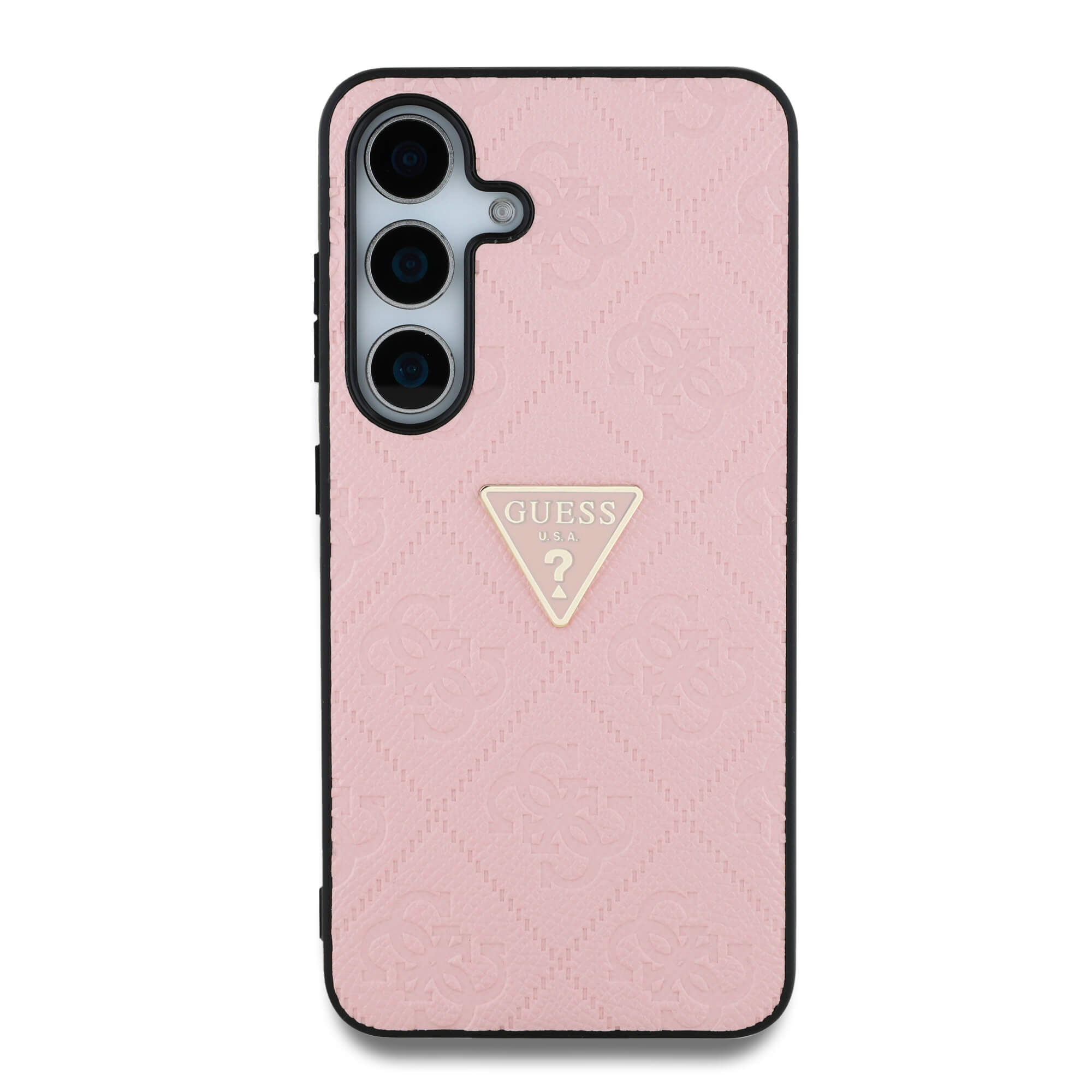 Guess Samsung Galaxy S25 - Hot Stamp 4G Pattern Triangle Metal Logo - Θήκη με Επένδυση Συνθετικού Δέρματος και Πλαίσιο Σιλικόνης - Pink - GUHCS25SPGP4STRP