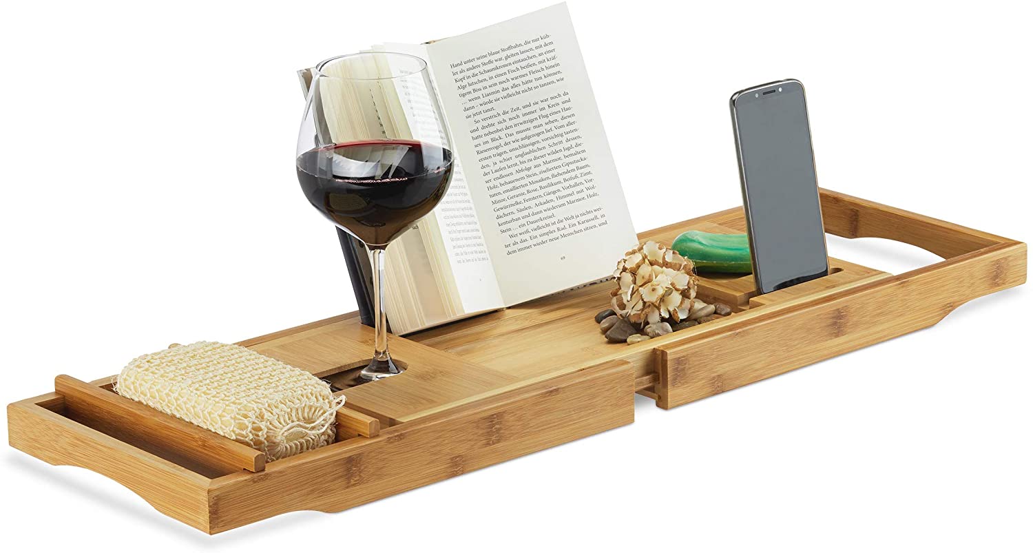 Relaxdays Βάση από Μπαμπού για τη Μπανιέρα με Θήκη για Ποτήρι και Stand Βιβλίου και Κινητού - Natural - 4052025221799