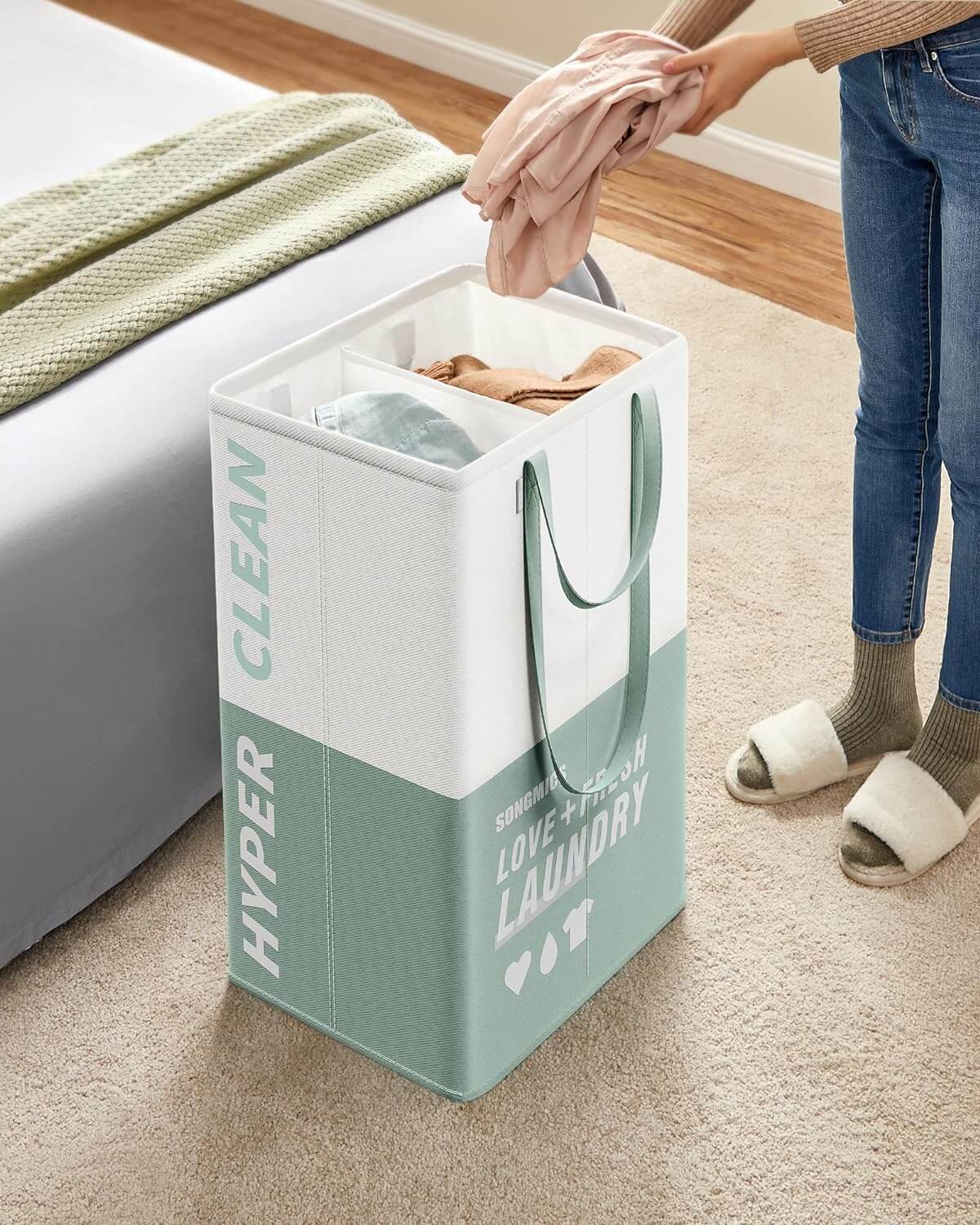 Songmics Υφασμάτινο Καλάθι Απλύτων με 2 Διαμερίσματα - Mint Green - LCB209C11