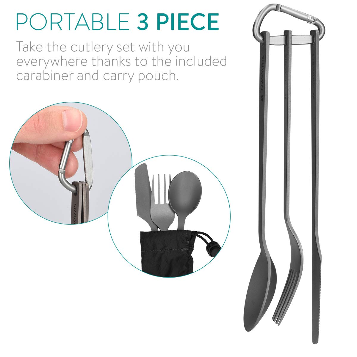 Navaris Titanium Camping Cutlery Set - Φορητό Σετ με Κουτάλι, Πιρούνι και Μαχαίρι από Τιτάνιο - Grey - 46937.02