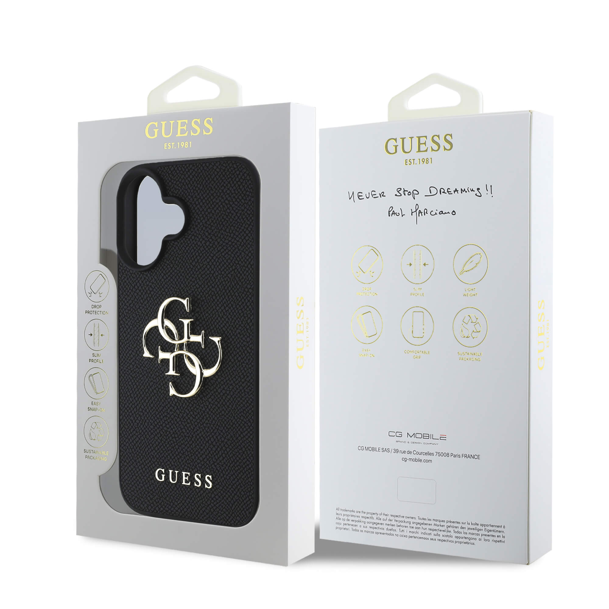 Guess iPhone 16 - Grained Big 4G Logo Small Classic Logo - Σκληρή Θήκη με Επένδυση από Οικολογικό Δέρμα - Black - GUHCP16SPGT4MBK