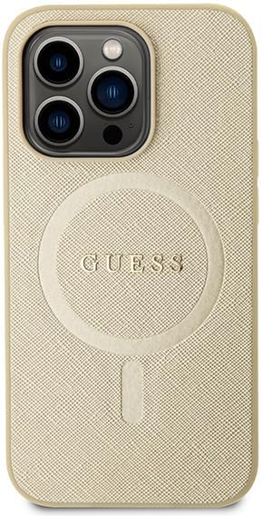 Guess iPhone 15 Pro Saffiano MagSafe Σκληρή Θήκη με Πλαίσιο Σιλικόνης και MagSafe - Gold - GUHMP15LPSAHMCB