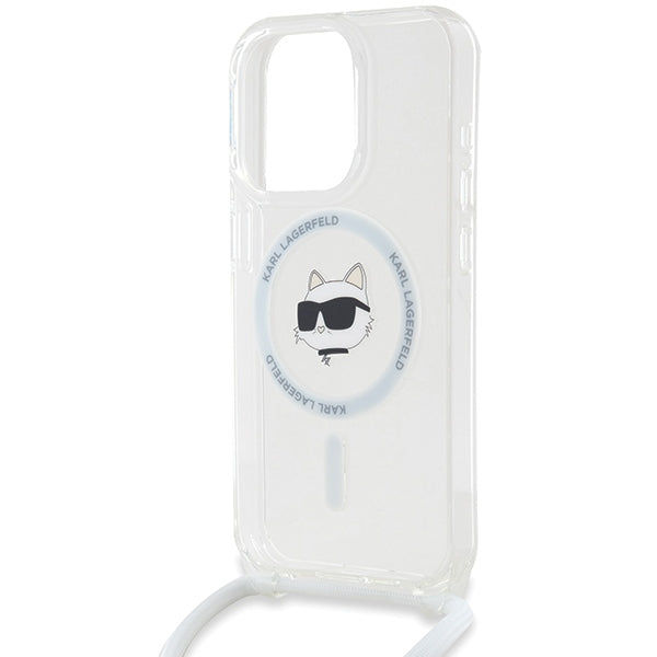 Karl Lagerfeld iPhone 15 Pro Max - IML Choupette Head and Cord - MagSafe Σκληρή Θήκη με Πλαίσιο Σιλικόνης και Λουράκι - Διάφανη - KLHMP15XHCCHNT