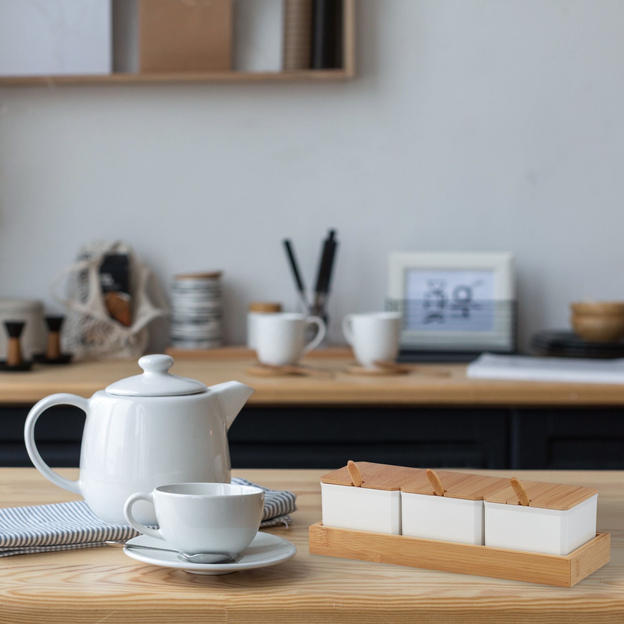 Relaxdays Σετ με 3 Βάζα Αποθήκευσης με Κουτάλι και Καπάκι από Μπαμπού - Light Brown / White - 4052025983512