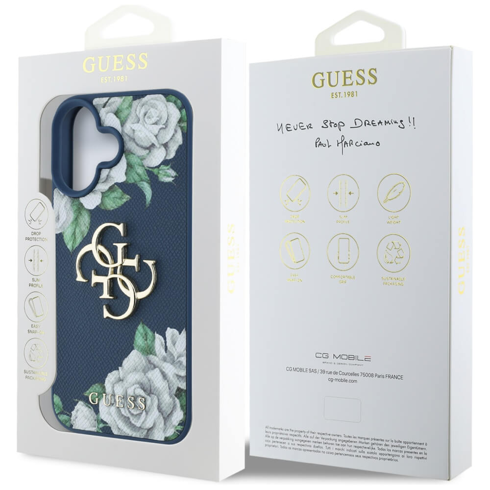 Guess iPhone 16 - Grained Roses Big 4G Logo - Σκληρή Θήκη με Επένδυση από Οικολογικό Δέρμα - Blue - GUHCP16SPGROP4MB