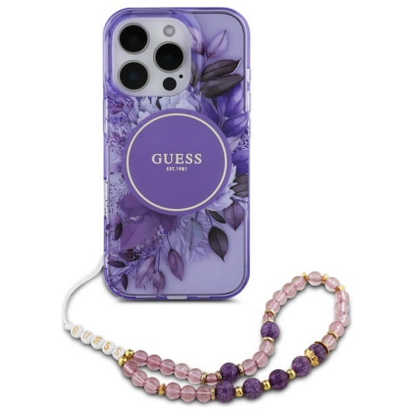 Guess iPhone 16 Pro Max - IML Flowers With Pearl Strap MagSafe - Σκληρή Θήκη με Πλαίσιο Σιλικόνης και Λουράκι - Purple - GUHMP16XHFWBRCESU