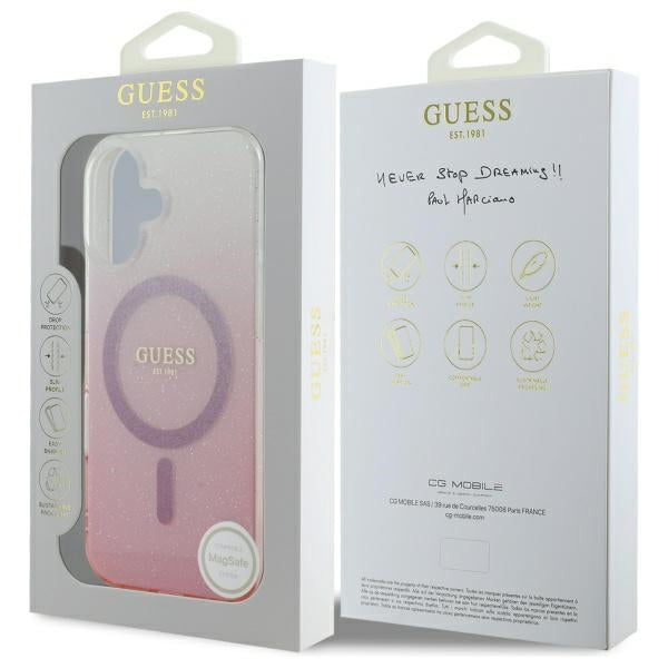 Guess iPhone 16 - IML Glitter Gradient - MagSafe Σκληρή Θήκη με Πλαίσιο Σιλικόνης - Pink - GUHMP16SHGRCELP