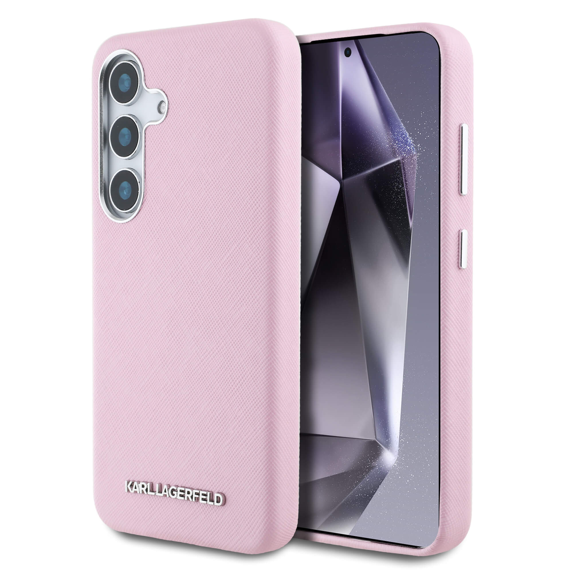 Karl Lagerfeld Samsung Galaxy S25 - Saffiano Full Wrapped Elongated Metal Logo - MagSafe Σκληρή Θήκη με Επένδυση Συνθετικού Δέρματος και Πλαίσιο Σιλικόνης - Pink - KLHMS25SPSAFWMCP