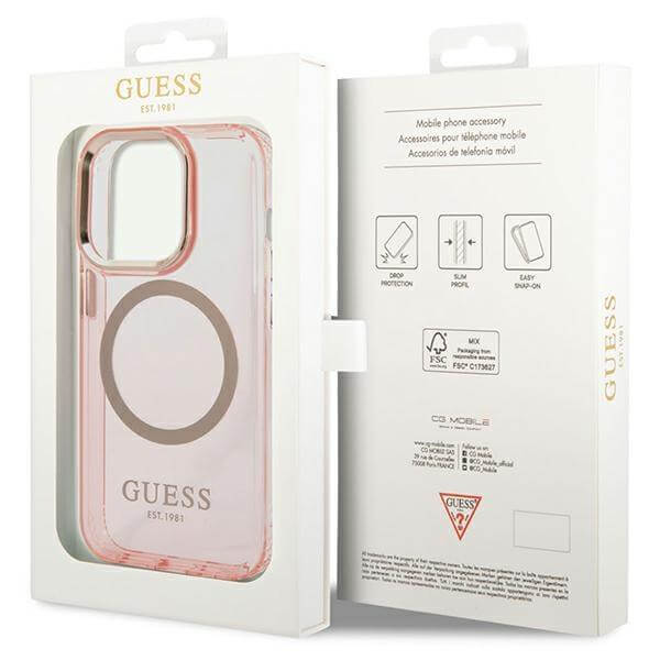 Guess iPhone 14 Pro Max Gold Outline Translucent MagSafe Σκληρή Θήκη με Πλαίσιο Σιλικόνης και MagSafe - Pink - GUHMP14XHTCMP