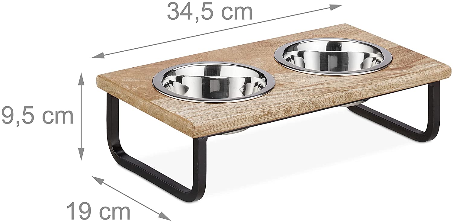 Relaxdays Ξύλινη Βάση από Μάνγκο με 2 Μπολ από Ανοξείδωτο Ατσάλι για Κατοικίδια - 250 ml - Natural / Silver - 4052025373818