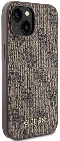Guess iPhone 15 - 4G Metal Gold Logo Σκληρή Θήκη με Επένδυση Συνθετικού Δέρματος - Brown - GUHCP15SG4GFBR