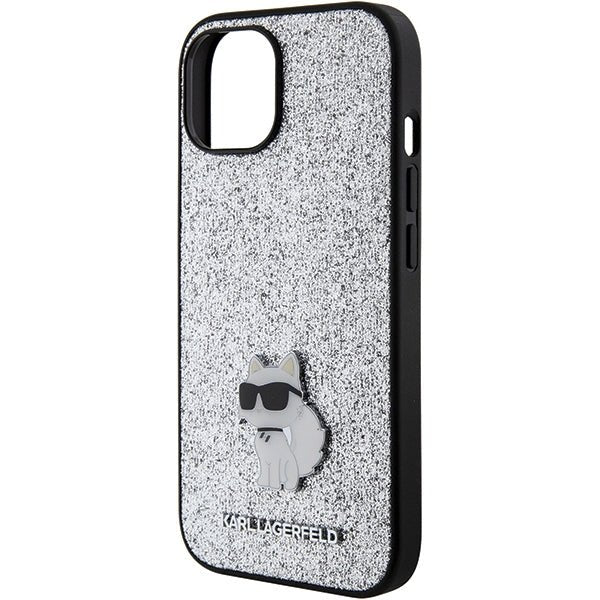 Karl Lagerfeld iPhone 15 - Glitter Choupette Logo Metal Logo Σκληρή Θήκη με Πλαίσιο Σιλικόνης - Silver - KLHCP15SGCNPSG