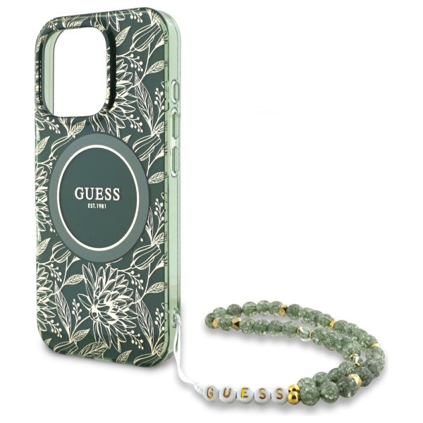 Guess iPhone 16 Pro Max - IML Flowers Allover Electro With Pearl Strap MagSafe - Σκληρή Θήκη με Πλαίσιο Σιλικόνης και Λουράκι - Green - GUHMP16XHCPOFPA