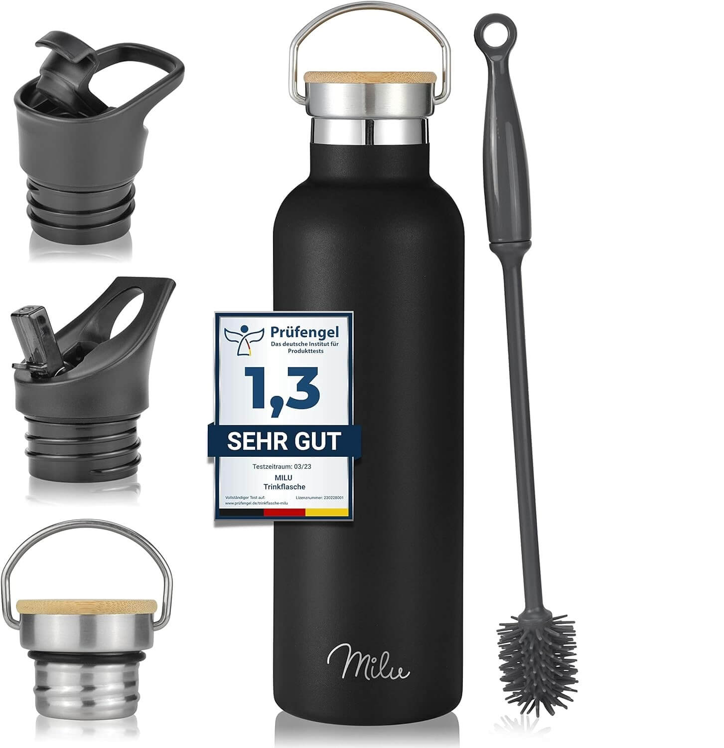 Milu T6 Μπουκάλι Θερμός από Ανοξείδωτο Ατσάλι 3 σε 1 - 750ml - Black Matt - 5006