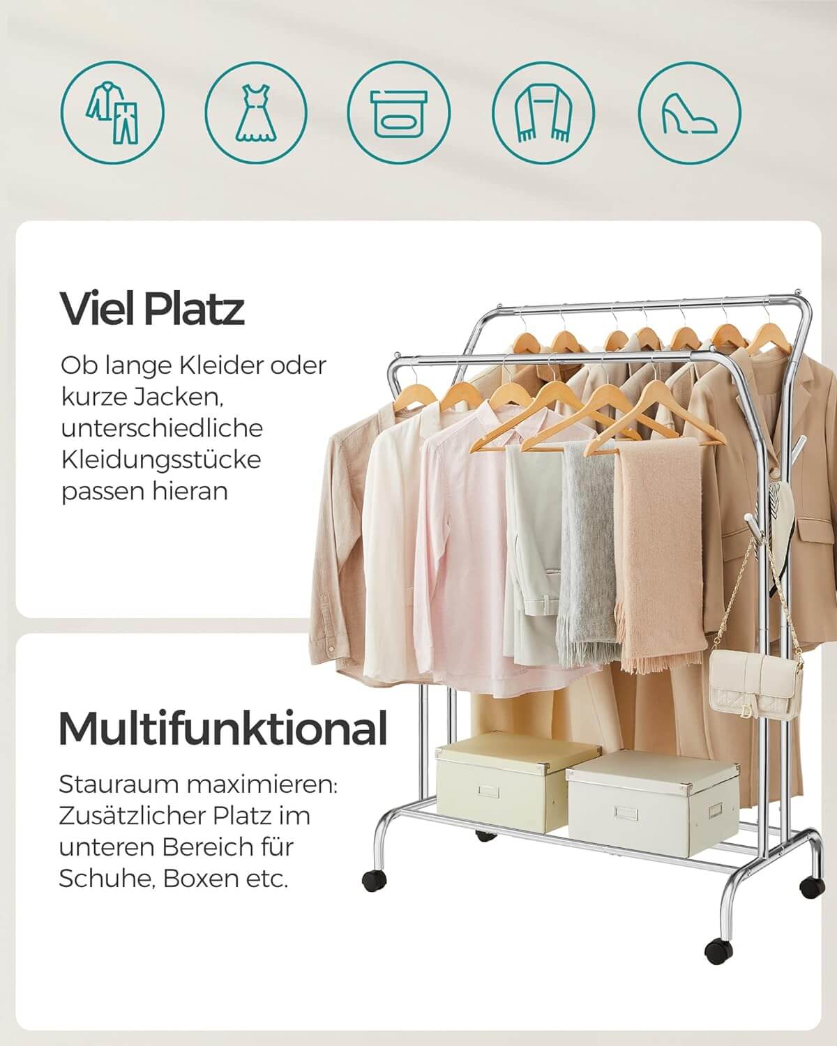 Songmics Τροχήλατη Κρεμάστρα Pούχων με 2 Pάγες και Ράφι - Ράγα Ρούχων - 52.5 x 103.5 x 155 cm - Silver - HSR107E01